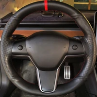 diy black microfiber leather hand stitched for tesla model 3 2015 2020 model y 2019 2020 car steering wheel cover