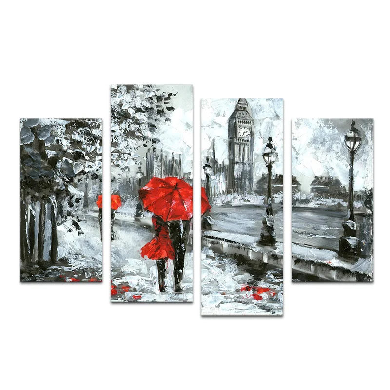 

4 Pieces London Landscape Home Decor Posters Couples with Umbrella Print Canvas Art Modern Style Pictures Living Room Wall Art