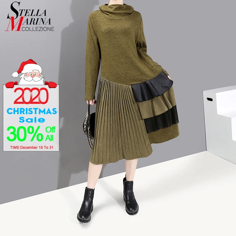 Новинка 2019 Женское зимнее Длинное Зеленое плиссированное платье с длинным