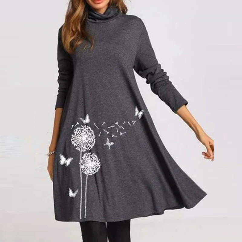

New Women Turtleneck Party Dress Elegant Plaid Print Long Sleeve Dresses Casual Loose Female Dress Women Plus Size Dresses