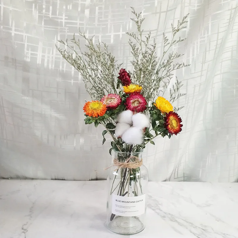 

Nordic Style Home Decoration Dried Flowers With Glass Vase Sunflower Cotton Golden Ball Bouquet Living Room Decor Set
