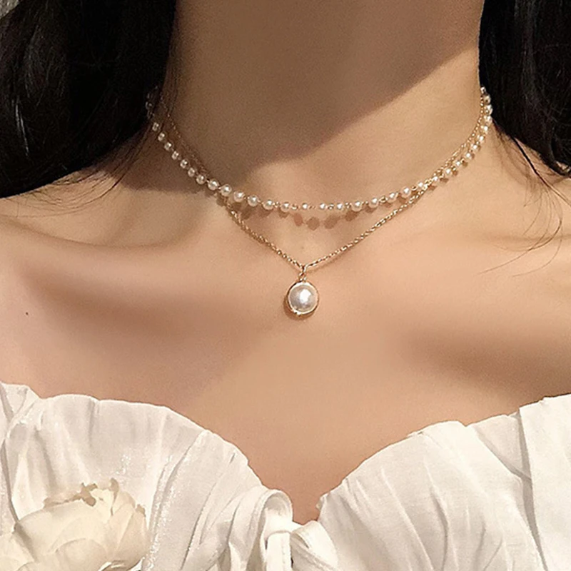 

New Fashion Kpop Pearl Choker Necklace Cute Double Layer Chain Pendant For Women Jewelry Girl Gift
