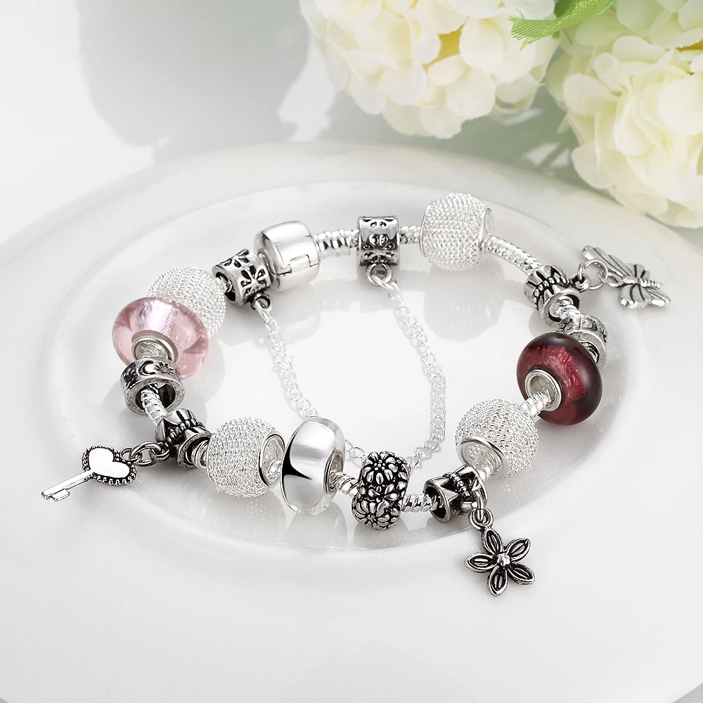 

INALIS Antique Silver Plated Charm Bracelet & Bangle with Love lock and Flower Beads Women Wedding Jewelry 2021 HOT SALE