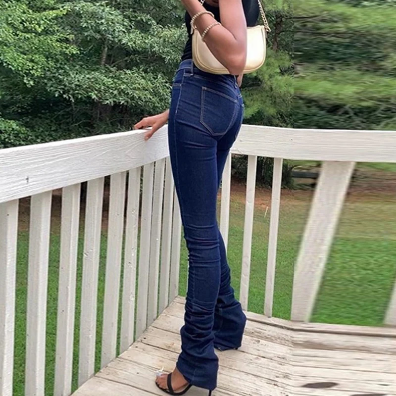 

Casual Denim Pile Pants Women Mid Waist Front Zipper Jeans Female Stacked Trousers Pleated Street Pants