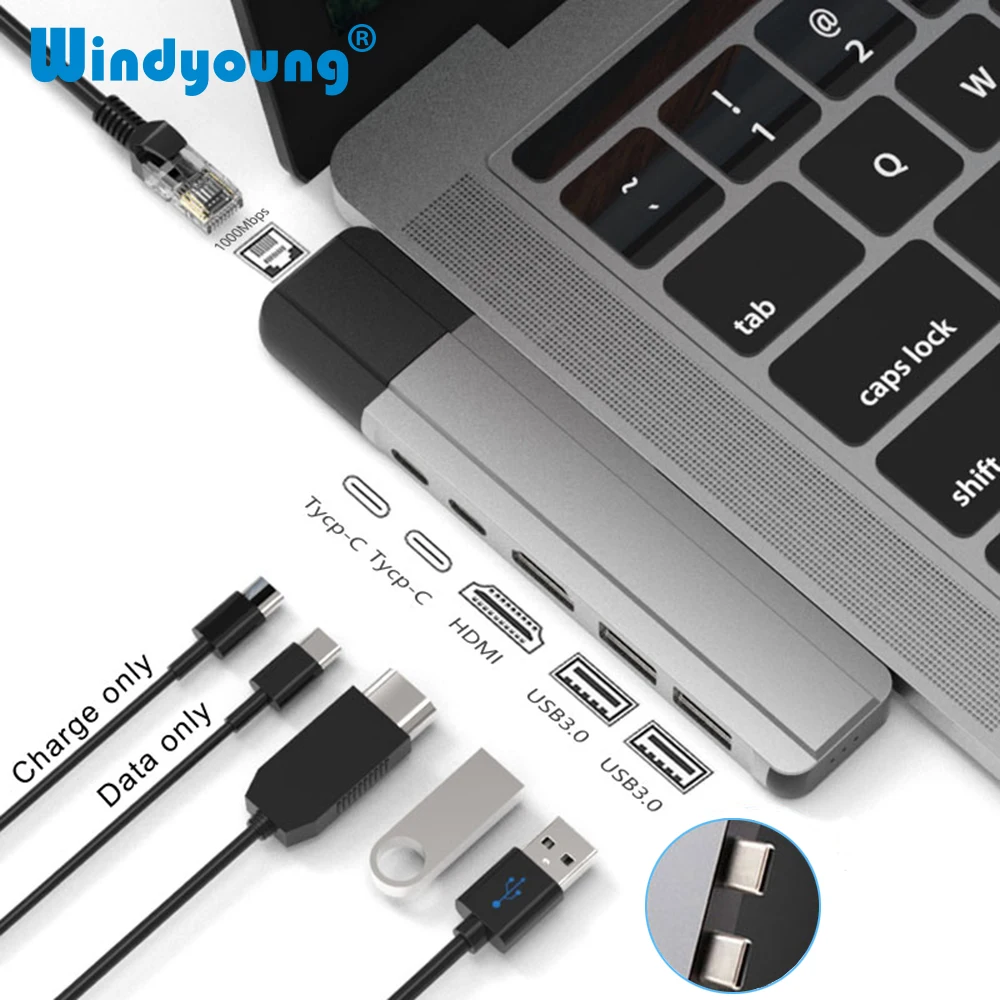 USB-C хаб в HDMI 1000M Ethernet адаптер с портом PD Power 3.0 типа док-станции для MacBook Pro/Macbook Air 2018 2019 USB-C ON.