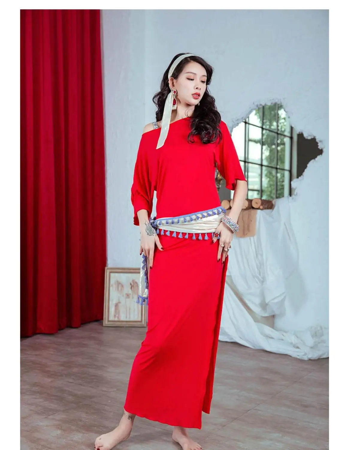 

Cheap Egypt Baladi Shabby Saidi Robe Loose Women Belly Dance Oriental Dancing Practice Wite Costume 4 Piece Set With Belt