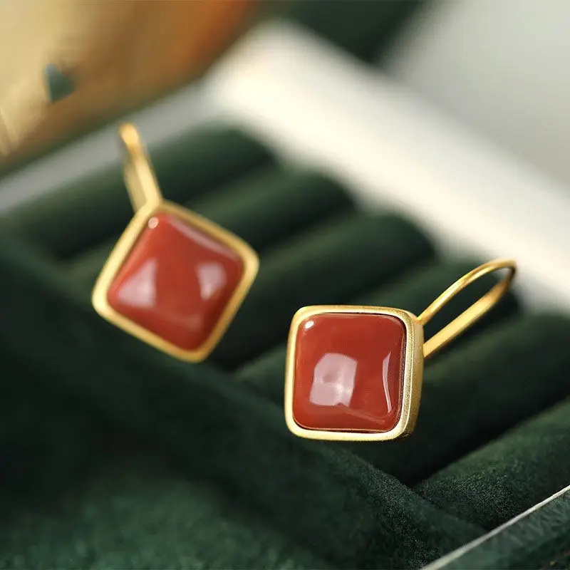 

S925 Silver Earrings Natural Red Agate Lucky Knot Eardrops Ladies Southern Red Agate Red Agate Retro Classic Eardrops Earrings
