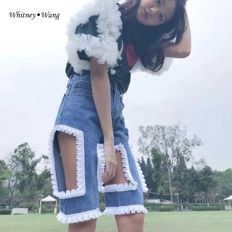Женские джинсы с оборками WHITNEY WANG стильные джинсовые брюки до колен вырезами
