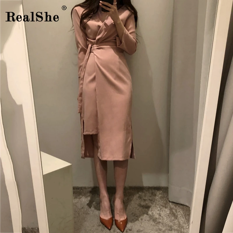 RealShe женское платье с v-образным вырезом и длинным рукавом сплошное асимметричное