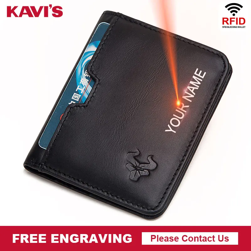 KAVIS Free Engraving Men Wallets New Genuine Leather with Coin Pocket Small Male Purse Mini Card Holders Black High Quality