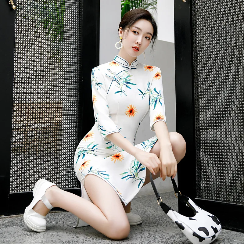 Повседневное традиционное китайское платье Ципао с воротником мандарин рукавом