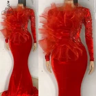 Женское вечернее платье-русалка, красное бархатное платье с длинным рукавом, вечернее кружевное платье в африканском стиле для выпускного вечера,