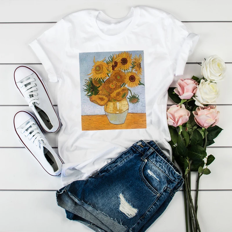 Женские художественные футболки с рисунком подсолнуха и масла топы для женщин