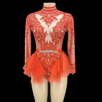 red silver rhinestone lace long sleeve bodysuit birthday celebrate prom outfit women dancer singer performance show stage wear