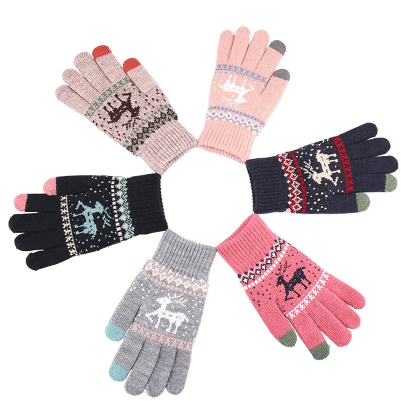 Women NEW Christmas Elk Deer Gloves Knitted Thicken Winter Warm Touch Screen Gloves Full Finger Mittens Red Pink Black Gloves