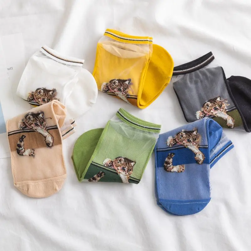 

Anewmorn, весна-лето, кавайные шелковые женские носки-башмачки с изображением кота, милые тонкие женские носки, модные однотонные носки цвета ха...