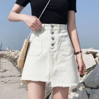 womens casual buttons denim short skirt korean fashion ladies slim a line jean skirt irregular frayed mini skirts