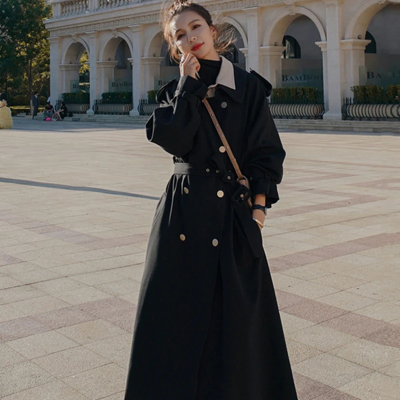 

Women Black Trench Coat Long Windbreaker Double Breasted Korean Style Lady Office Coat Belt Female Outerwear Autumn New