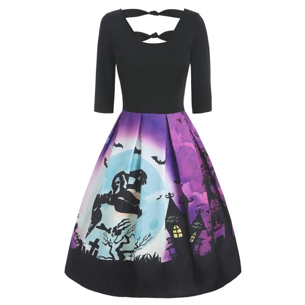 Женское винтажное платье с длинным рукавом и v-образным вырезом на Хэллоуин