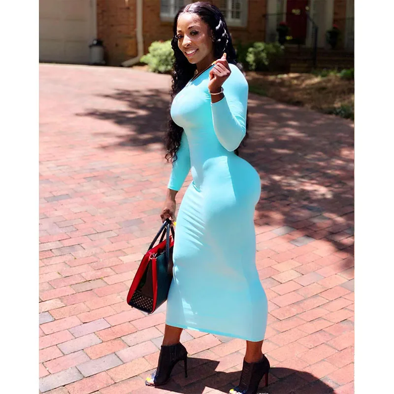 

Plus Size Sexy Long Sleeve O Neck Midi Bodycon Dress for Women Fall Fashion 2021 Streetwear Casual Party Night Dresses