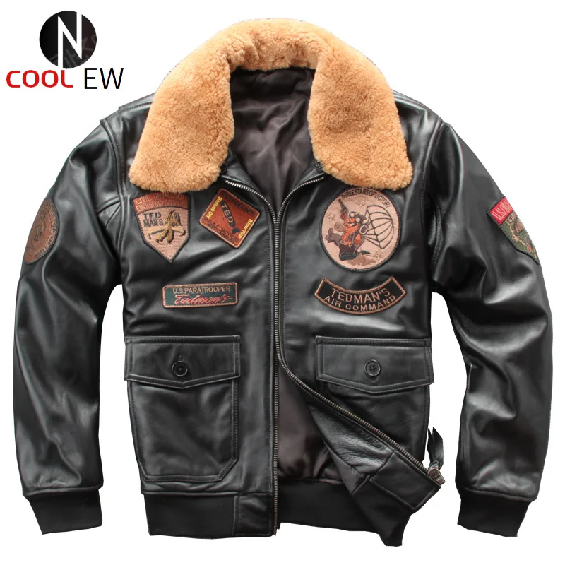 

Winter New Mens Genuine Sheep Leather Jackets Coats Pilot Natural Leather M Casual Wool Collar Detachable Overcoats