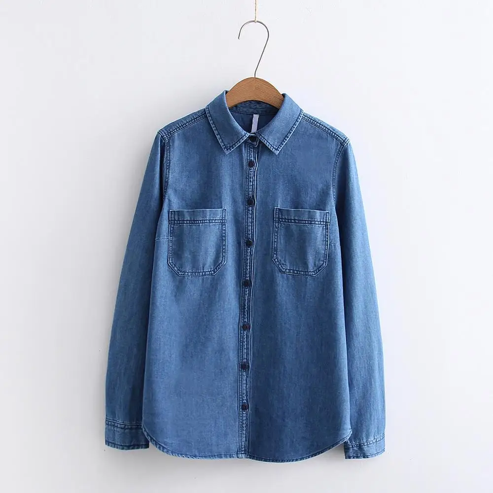 Новинка осени 2021 джинсовая женская блузка и рубашки с карманами отложным