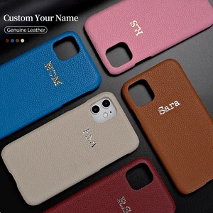custom pebble grain genuine leather luxury gold initial name phone case cover for iphone 12 11 13pro max x xs xr max 7 8plus free global shipping