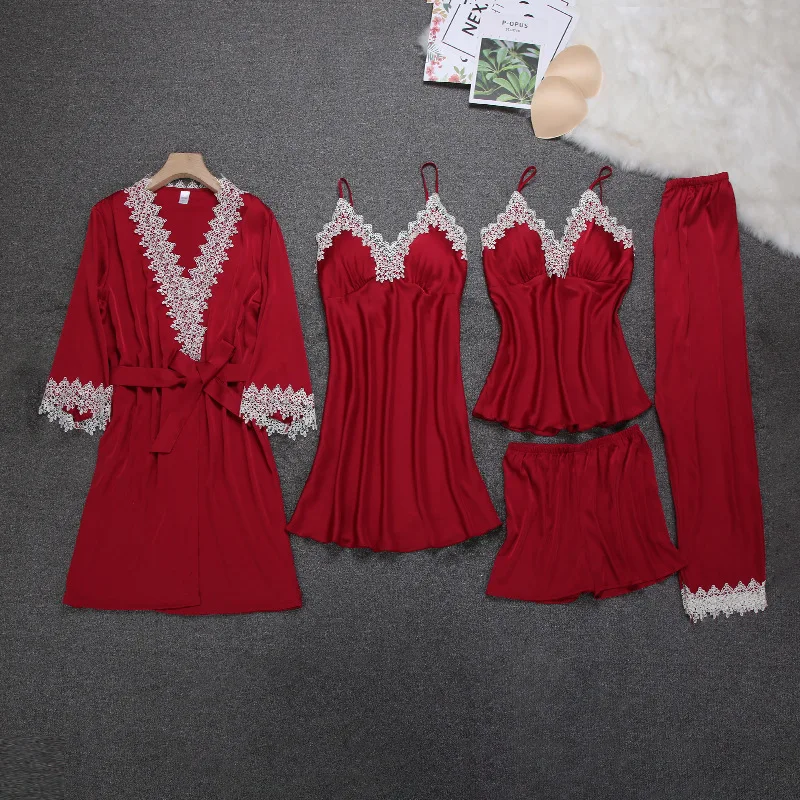 

2020 Summer Autumn Spring 5 Pieces Set Silk Elegant Women Pajamas Set Elastic Waist Pants Pyjamas Lounge Sleepwear Set