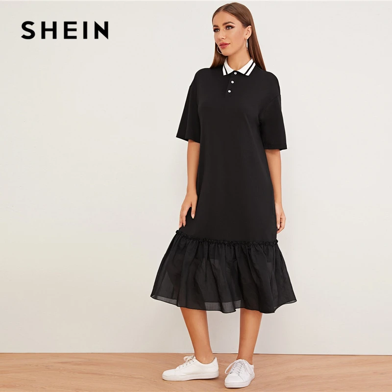 SHEIN/Черное Платье-туника с открытыми плечами и рюшами, женская осенняя одежда с заниженной талией и отложным воротником, повседневные Прямые однотонные платья