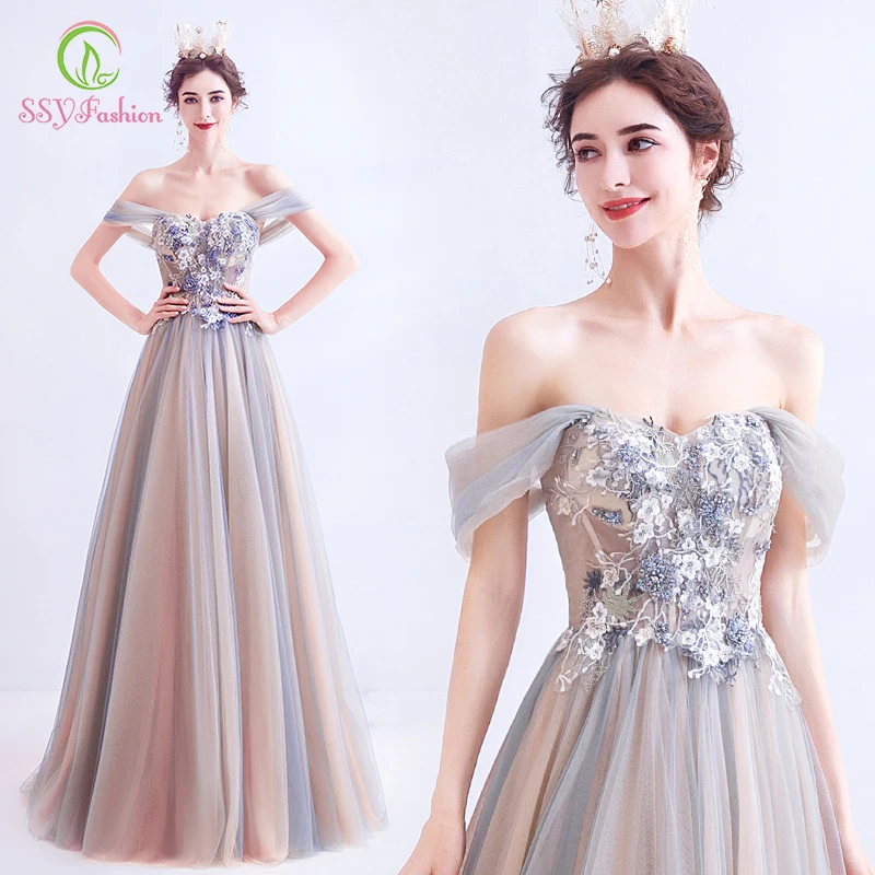 

SSYFashion New Light Grey Evening Dress Sexy Boat Neck Lace Appliques Beading Floor-length Formal Party Gown Vestido De Noche