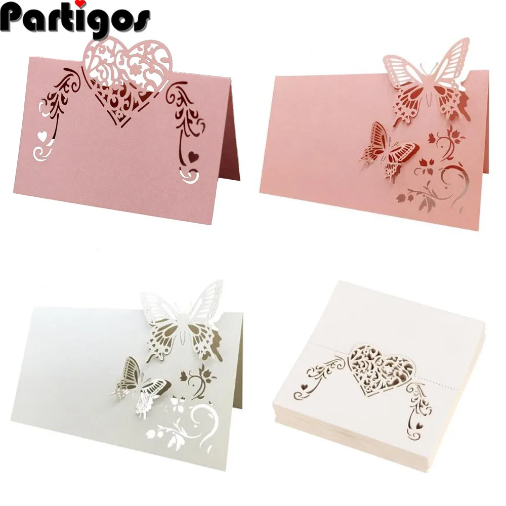 

50pcs 9x12cm Invitation Card Wedding Sign-in Table Pink White Card Laser Hollow Seat Card Three-dimensional Butterfly Table Card