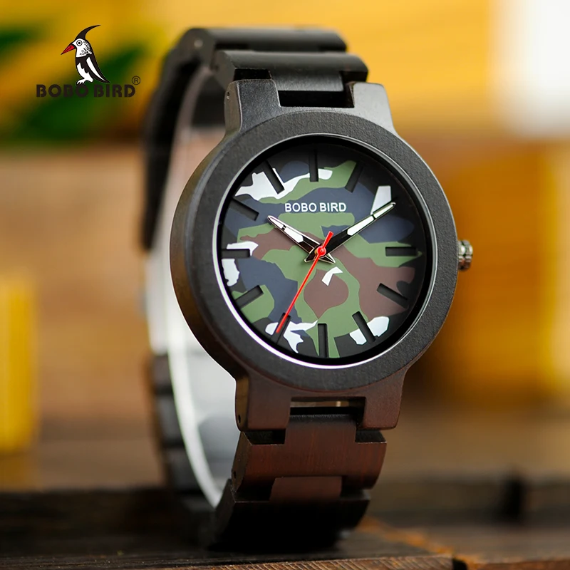 

relogio masculino BOBO BIRD Wood Men Watch Male Quartz Green Camouflage Wristwatches Man Japanese movement in Gift Box