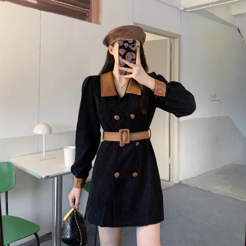 

Женское демисезонное однотонное мини-платье с высокой талией и отложным воротником, женские шикарные платья с длинным рукавом, элегантные ...