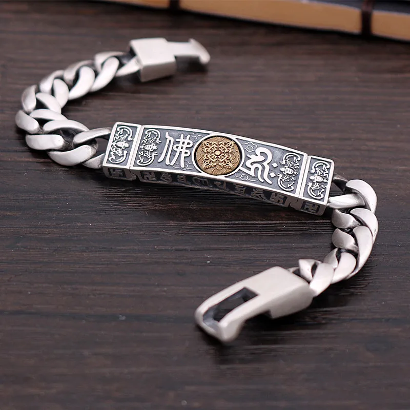 

2021 New Men Silver Bracelet Six-character Mantra Rotate Chinese Style Retro Creative Personality Trend Classic Accessory