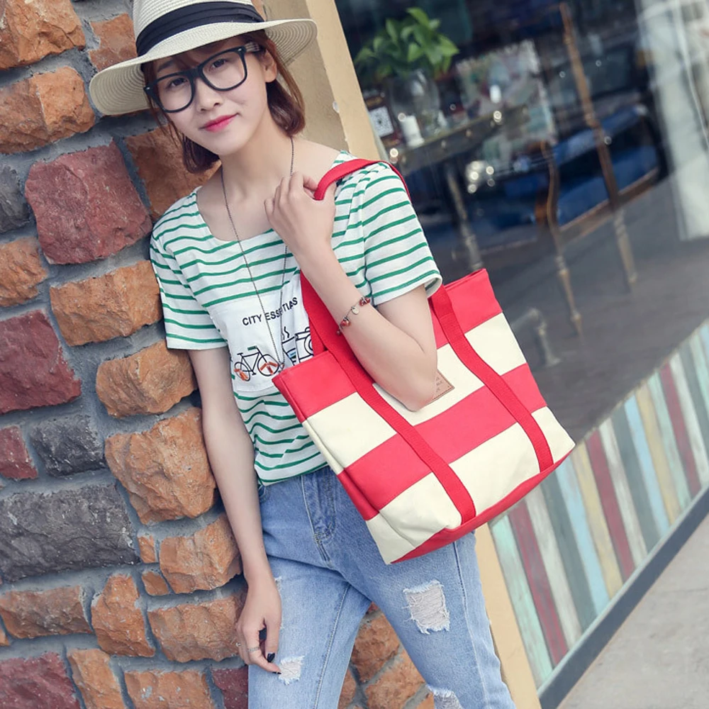 

2019 Fashion Women Big Bags Canvas Wide Stripe Woman Shoulder Bags Ptgirl shopping bag Multi-functional Bags schoudertas dames