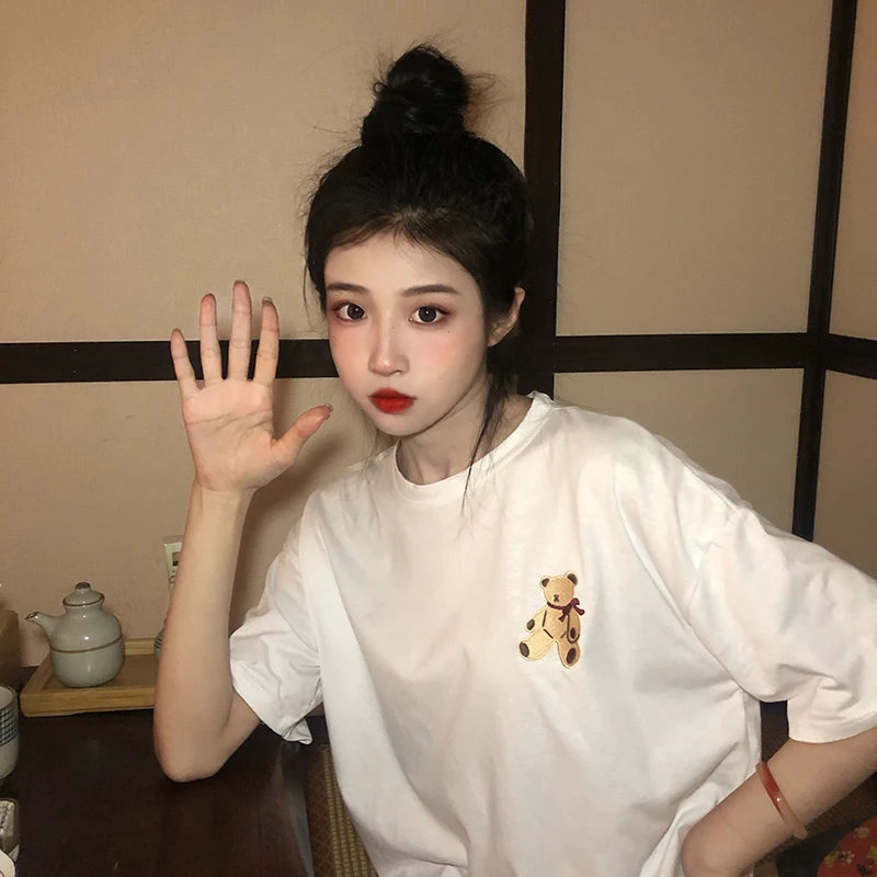 

Summer Korean Style 2021 New Super Popular Bear Embroidery Vintage Style Loose Base Younger Short Sleeve T-shirt Top for Women