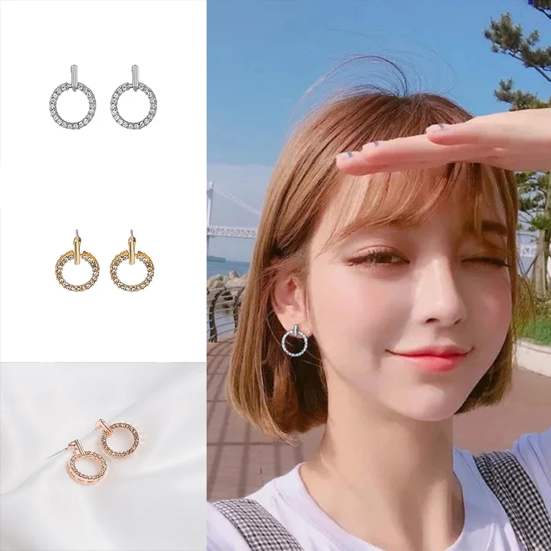 

Geometric Round Stud Earrings Women Beautiful Jewelry Rose Gold Silver Color Stud Earrings Simple Metal Rhinestone Earrings Gift