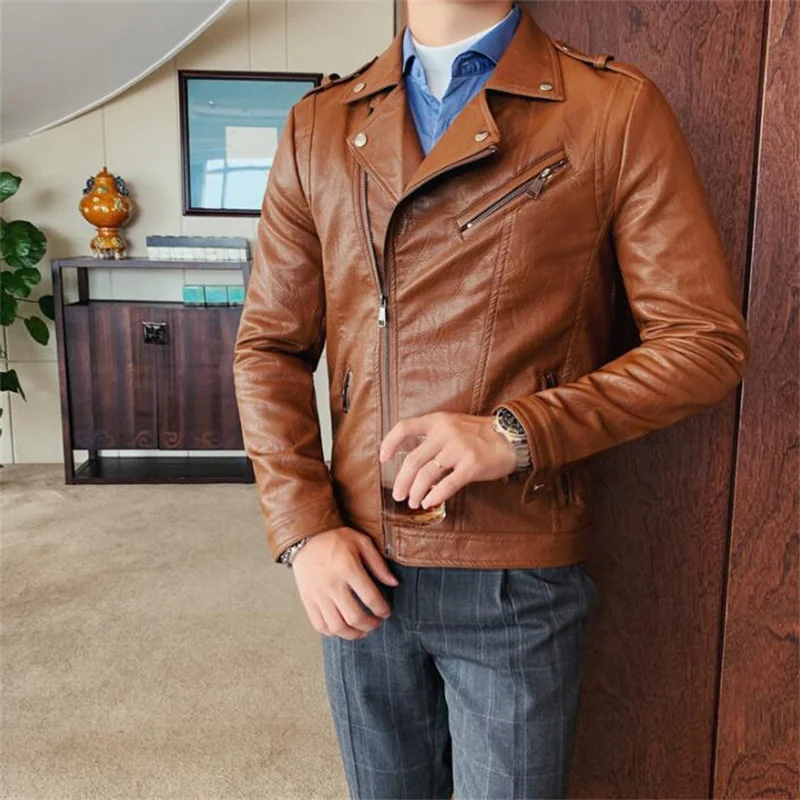 Motorcycle leather jacket men's British autumn and winter handsome epaulettes oblique zipper youth casual brown slim clothing