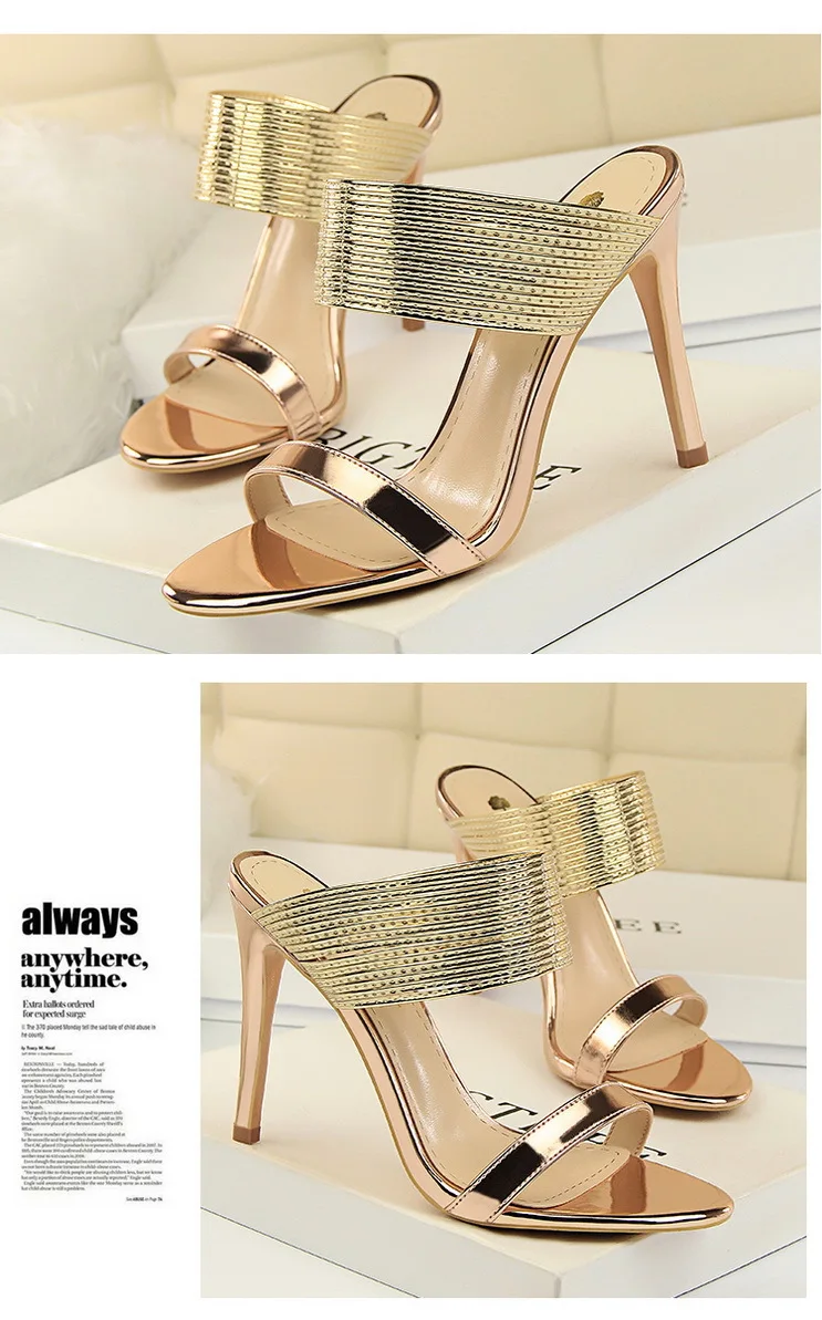 

European and American wind fashion retro sexy show thin thin heel high heel exposed toe metal belt a word with female slippers
