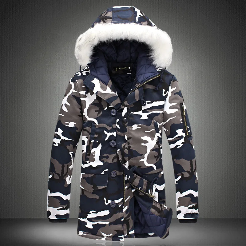 Winter Coat Men Parka Homme 5XL Camouflage Parka Mens Winter Jacket Men Big Fur Collar Fashion Middle Long Coats
