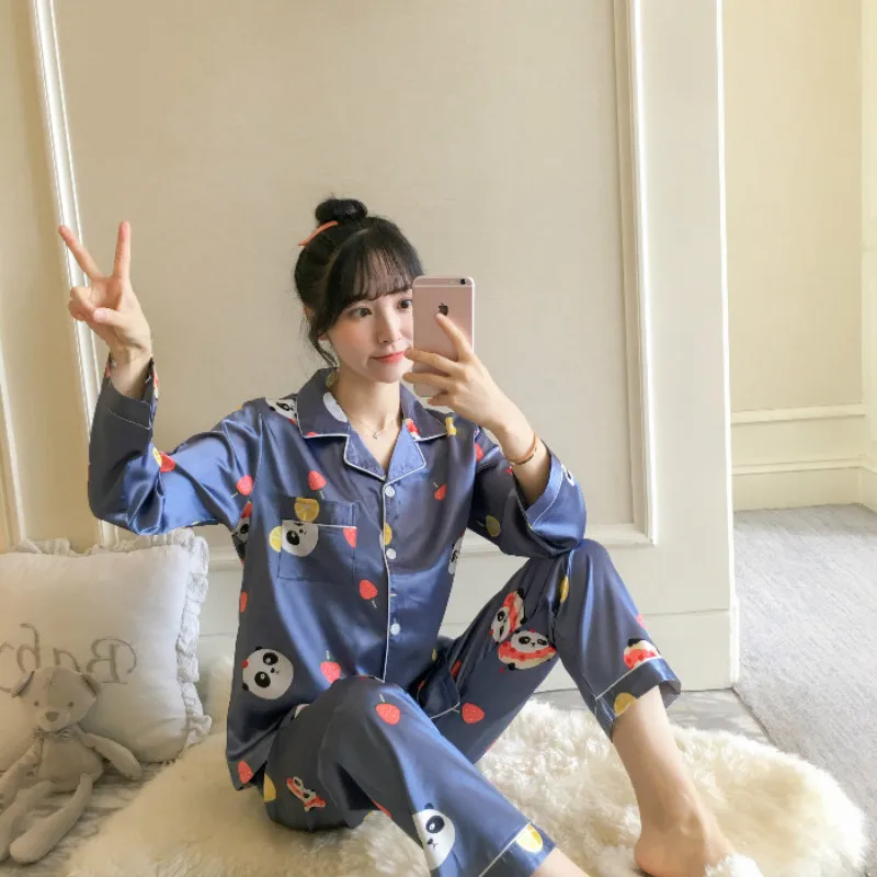 

SWT Spring/Autumn 2020 Women's Pajamas Korean Style Imitation Silk Long Sleeve Cardigan Cartoon Suit for Women 2-piece Homewears