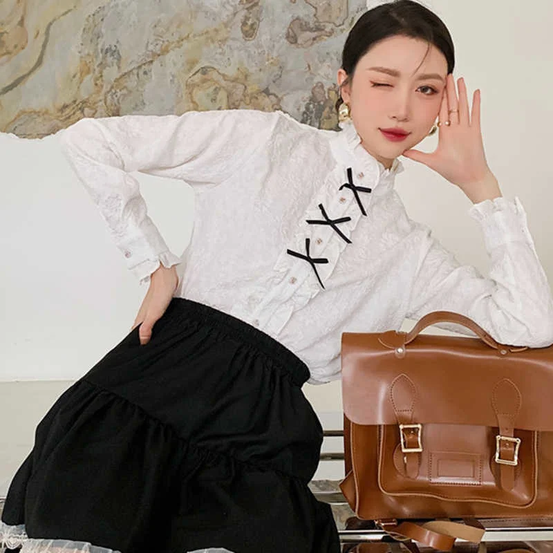 

LANMREM Women Shirt Turtleneck Long Sleeve White Color Fit Lady Shirts Fashion Tide Autumn summer 2021 New Arrivals 2E2027