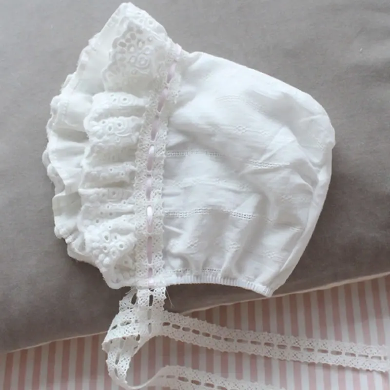 Шапочка для новорожденных хлопковая с кружевом детей 0-9 месяцев | Детская одежда