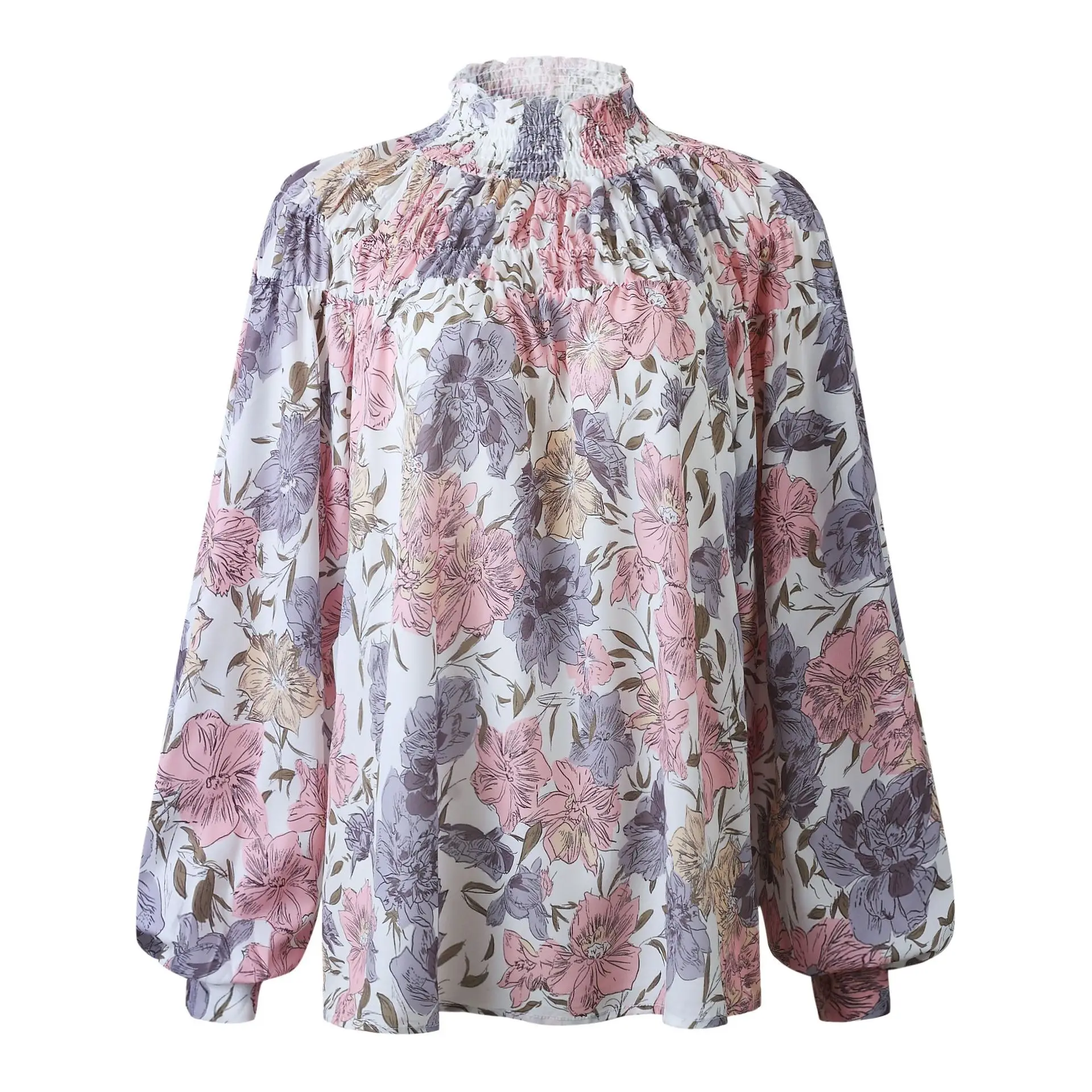 

Spring 2020 Sexy Flower Printed High Collar Buttoned Long-sleeved Blouse Shirt Lantern Sleeve Turtleneck Streetwear
