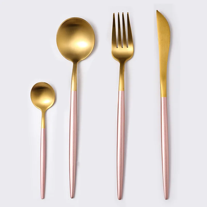 Pink Gold Набор посуды располагаться лагерем перемещения столовые приборы стейк нож, вилка, набор многоразовые Кофе ложка металлическая вилка палочки дозирующая детская ложка для Портативный набор посуды - Цвет: Pink Gold