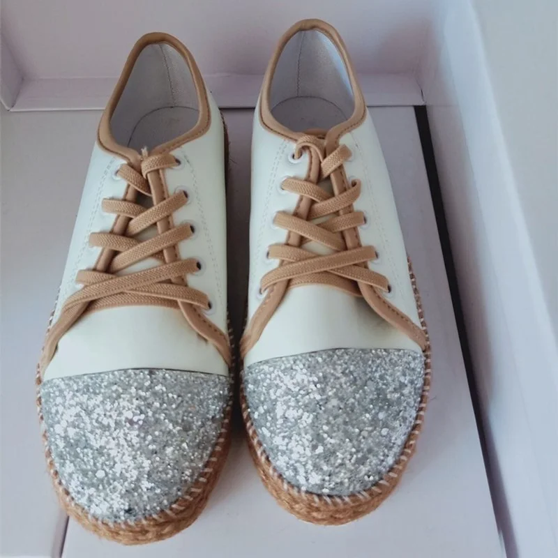 

Women's Fisherman Shoes 2021 Spring New Sequined Fashion Lace-up Single Shoes Canvas Shallow Mouth Casual Flat Shoes Large Size