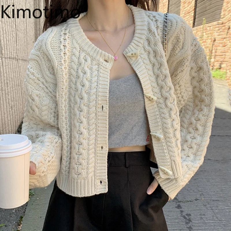 

Kimotimo Twist Sweater Cardigan Women Korean Chic Retro O-neck Knit Coat Autumn Winter Horn Button Long Sleeve Solid Cardigans
