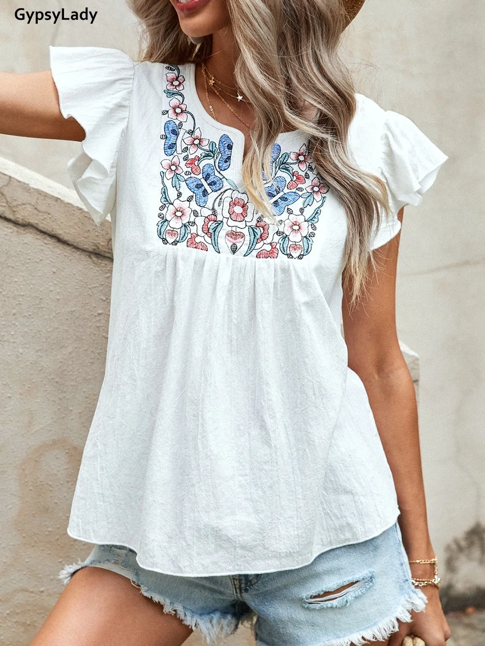 

GypsyLady Floral Embroidery Summer Blouse Shirt 100% Cotton Boho Casual Summer Women Blouse Flare Sleeve Female Ladies Tops 2021