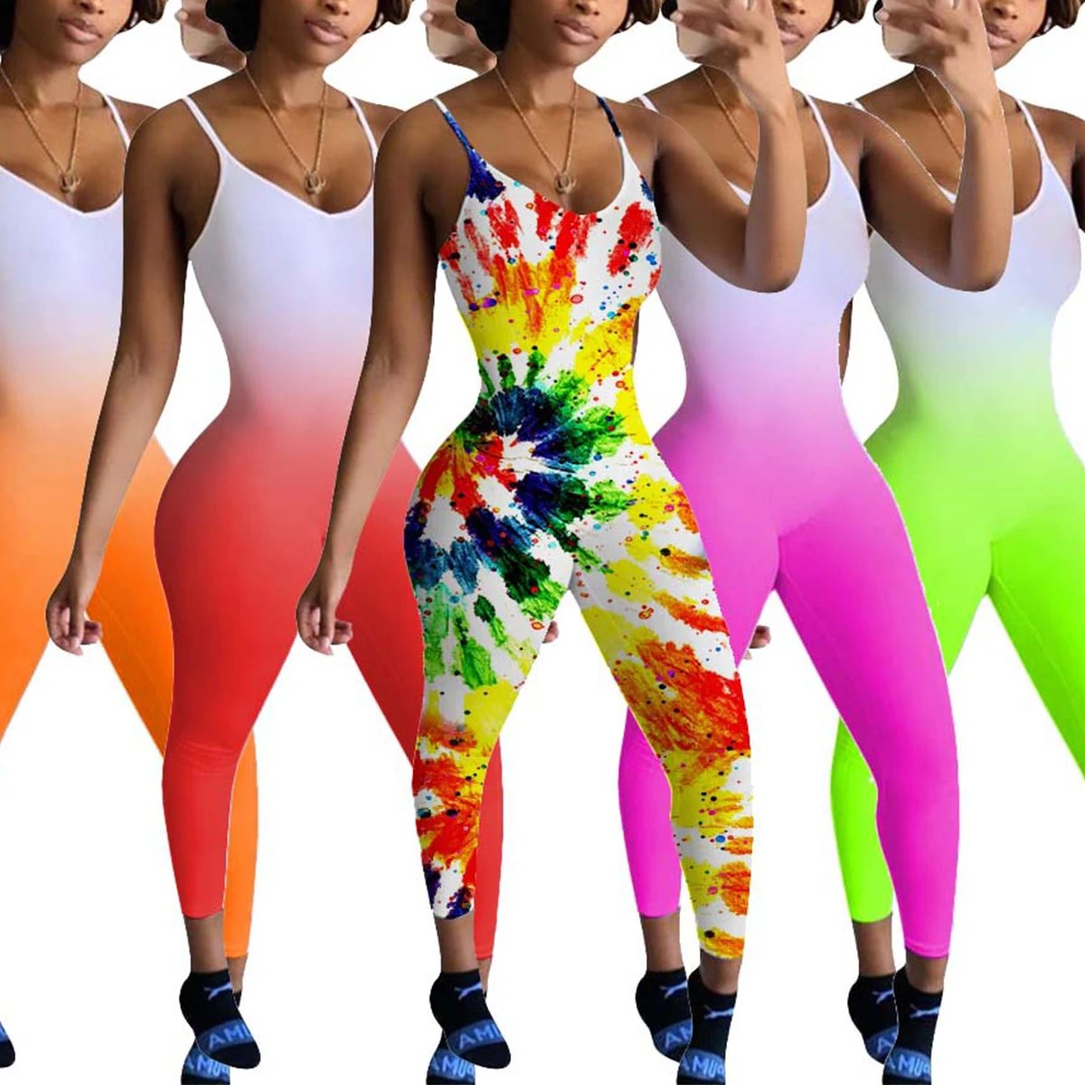 

Women Suspender Jumpsuit, Gradient Printing Sexy Deep V Backless Design Cool Summer Outfit