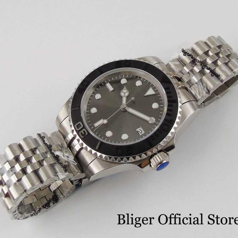 Механические мужские часы марки BLIGER NH35A MIYOTA 8215 PT5000 черный стерильный серый